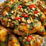 Thai Peanut Chicken simmering in a skillet with creamy peanut sauce.