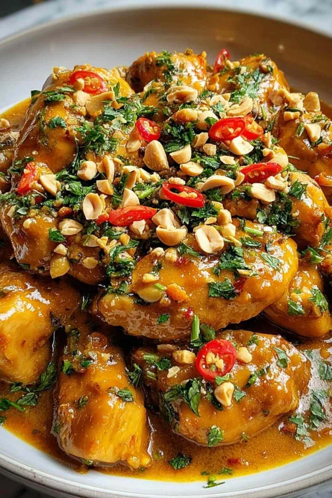 Thai Peanut Chicken simmering in a skillet with creamy peanut sauce.