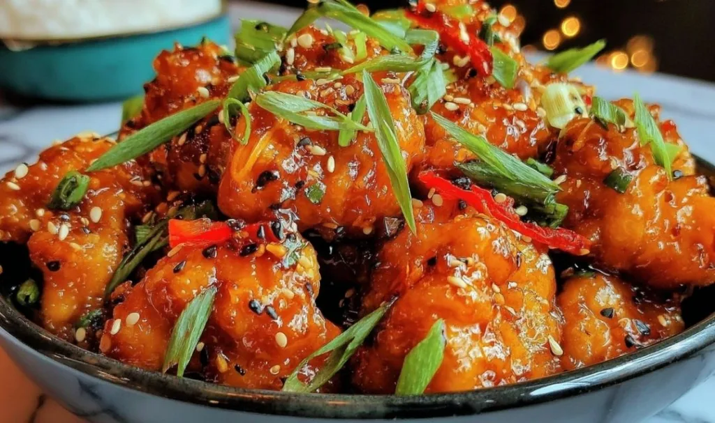 Thai Sweet Chili Chicken in a white bowl with lime wedges.