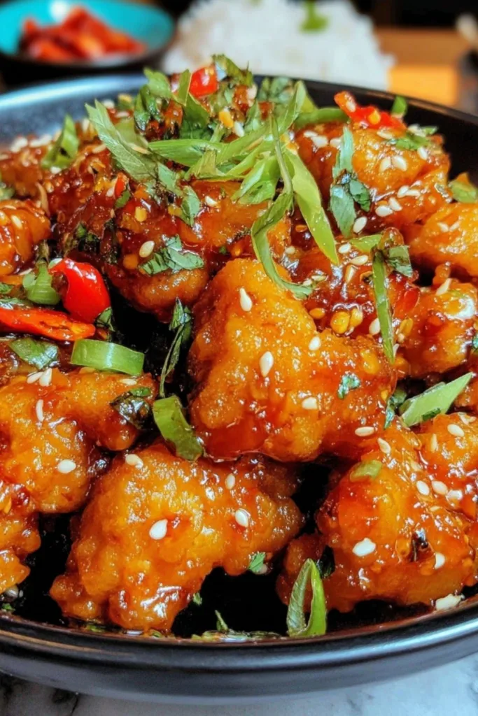 Thai Sweet Chili Chicken in a white bowl with lime wedges.