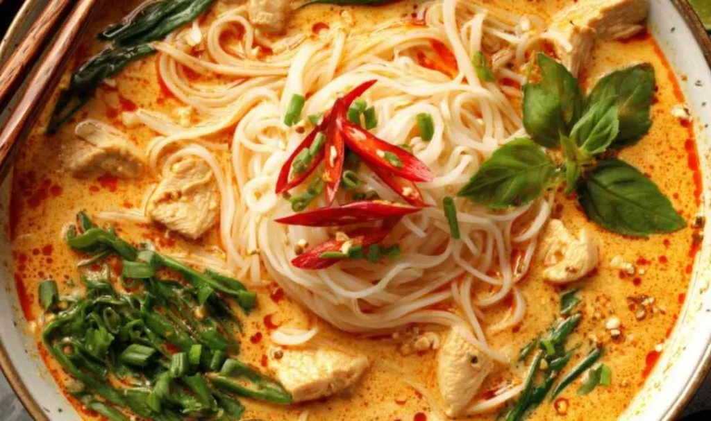 Damn delicious Thai red curry noodle soup in a white bowl with fresh cilantro and lime