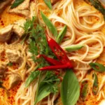 Damn delicious Thai red curry noodle soup in a white bowl with fresh cilantro and lime