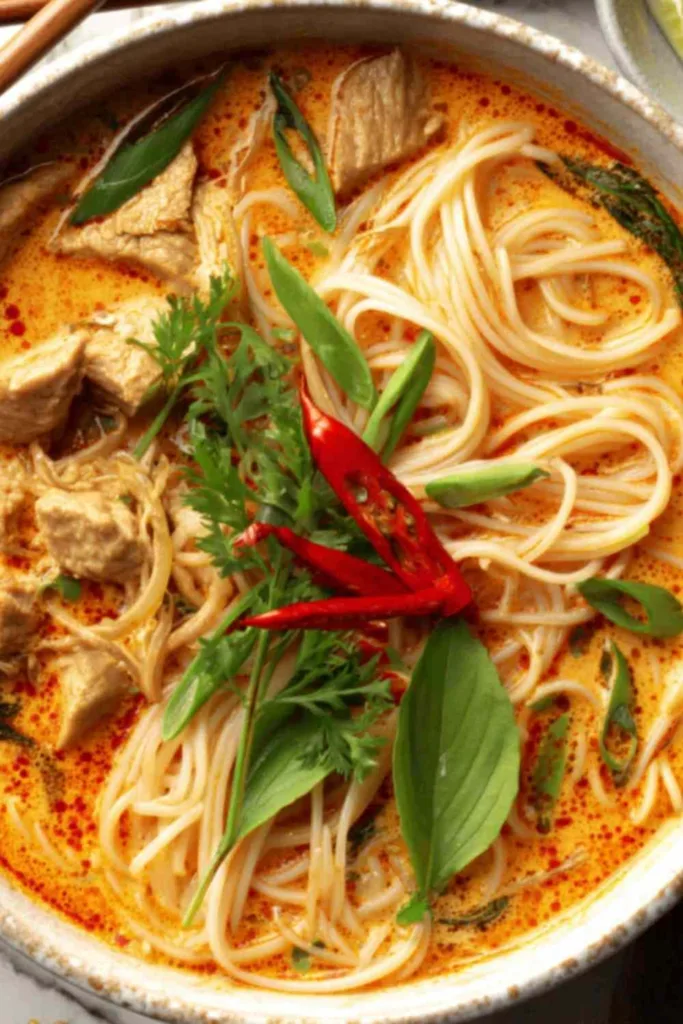 Damn delicious Thai red curry noodle soup in a white bowl with fresh cilantro and lime