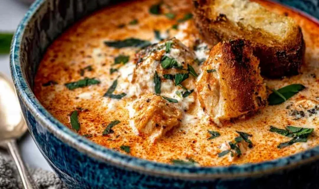 Crock Pot Creamy Chicken Parmesan Soup in a rustic bowl garnished with fresh parsley and parmesan