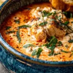 Crock Pot Creamy Chicken Parmesan Soup in a rustic bowl garnished with fresh parsley and parmesan