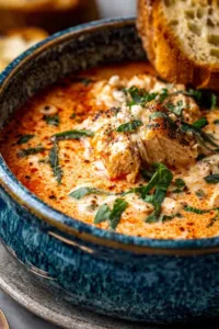 Crock Pot Creamy Chicken Parmesan Soup in a rustic bowl garnished with fresh parsley and parmesan
