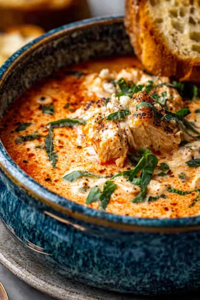 Crock Pot Creamy Chicken Parmesan Soup in a rustic bowl garnished with fresh parsley and parmesan