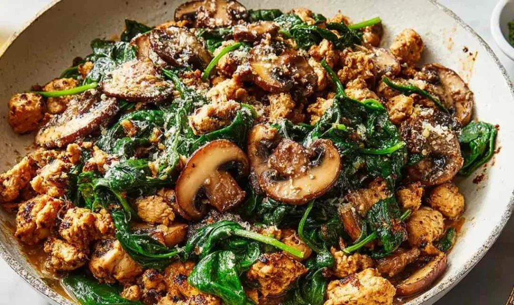 Turkey Spinach Mushroom Skillet in a cast iron pan ready for dinner.