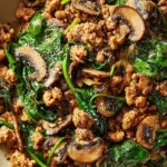 Turkey Spinach Mushroom Skillet in a cast iron pan ready for dinner.