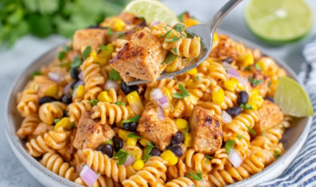 Zesty chicken enchilada pasta salad in a large white bowl topped with fresh cilantro and sliced jalapeno