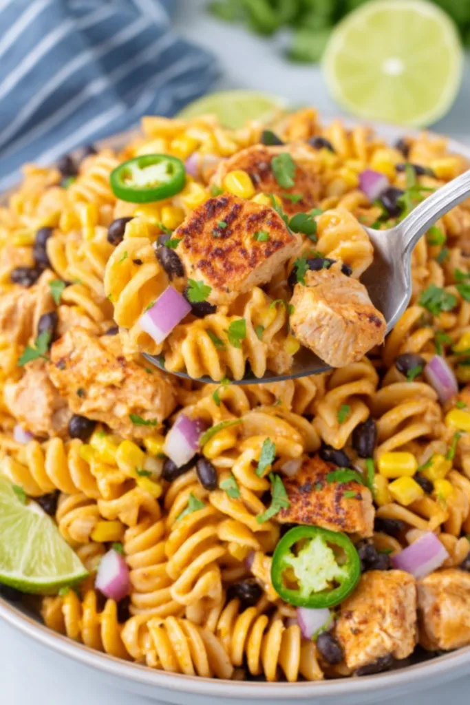 Zesty chicken enchilada pasta salad in a large white bowl topped with fresh cilantro and sliced jalapeno