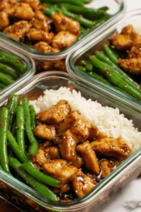 Easy chicken breast and green beans in honey soy glaze served over rice