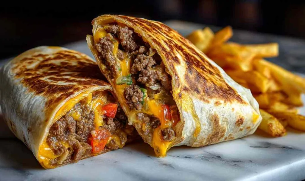 Creamy Philly cheesesteak wrap sliced in half showing melted cheese sauce and tender steak filling