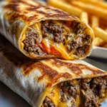 Creamy Philly cheesesteak wrap sliced in half showing melted cheese sauce and tender steak filling