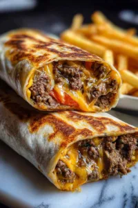 Creamy Philly cheesesteak wrap sliced in half showing melted cheese sauce and tender steak filling
