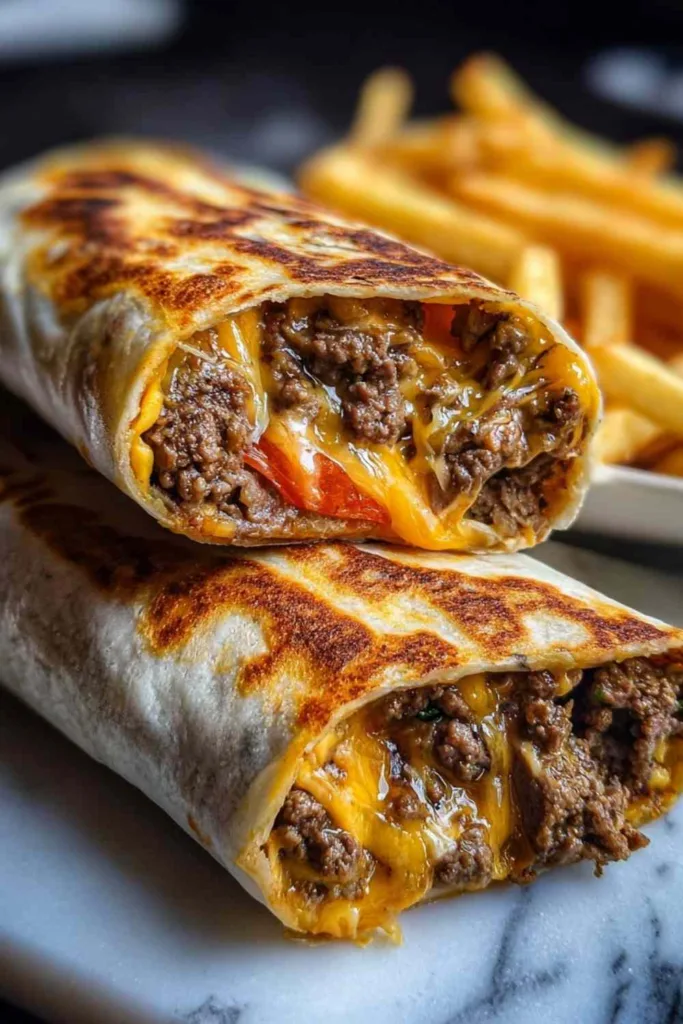 Creamy Philly cheesesteak wrap sliced in half showing melted cheese sauce and tender steak filling