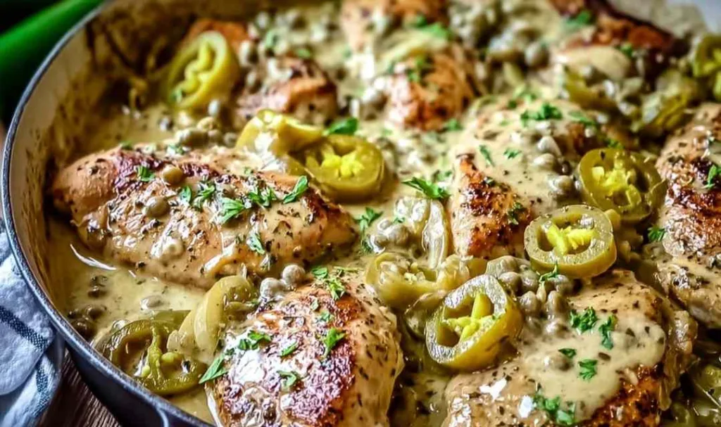 Creamy pepperoncini chicken skillet with golden seared chicken in rich Parmesan sauce garnished with fresh herbs