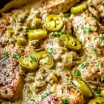 Creamy pepperoncini chicken skillet with golden seared chicken in rich Parmesan sauce garnished with fresh herbs