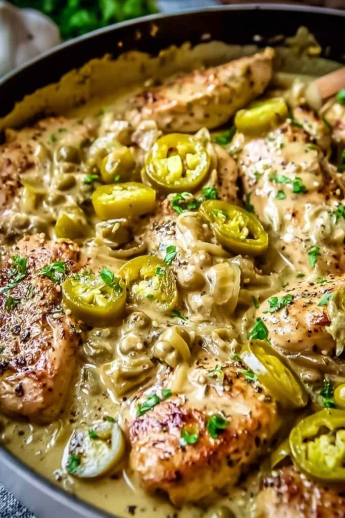 Creamy pepperoncini chicken skillet with golden seared chicken in rich Parmesan sauce garnished with fresh herbs