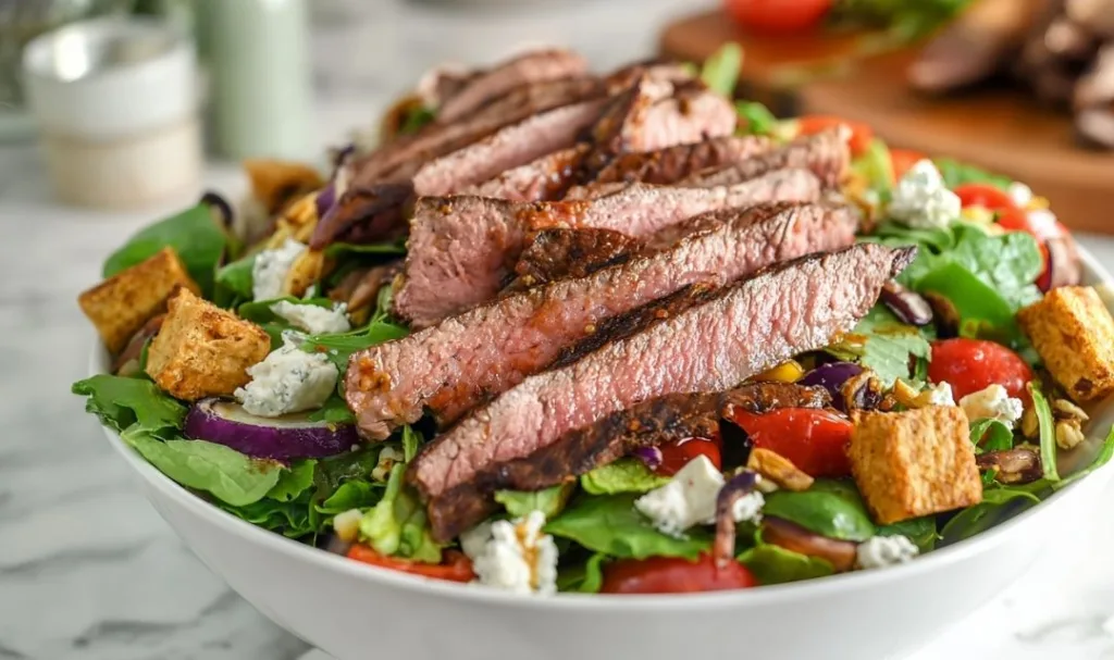 Southwest flank steak salad with avocado dressing in a large bowl