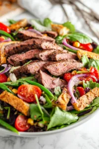 Southwest flank steak salad with avocado dressing in a large bowl