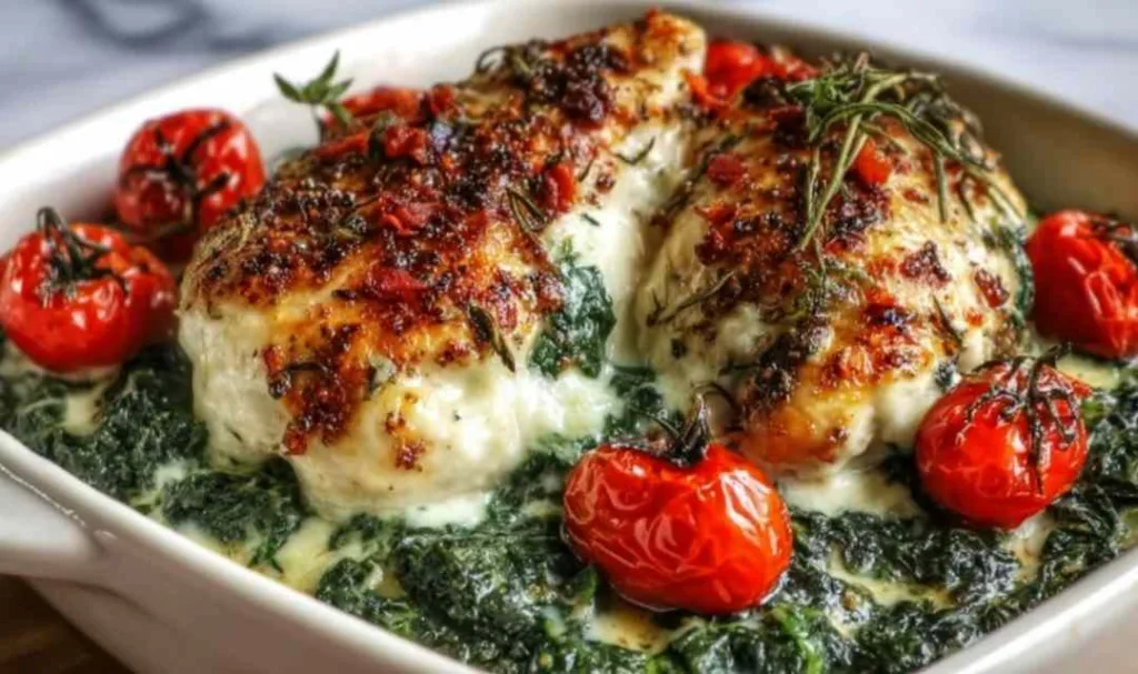High protein chicken bake with Greek yogurt topping and cherry tomatoes before baking