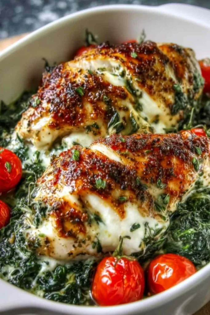 High protein chicken bake with Greek yogurt topping and cherry tomatoes before baking