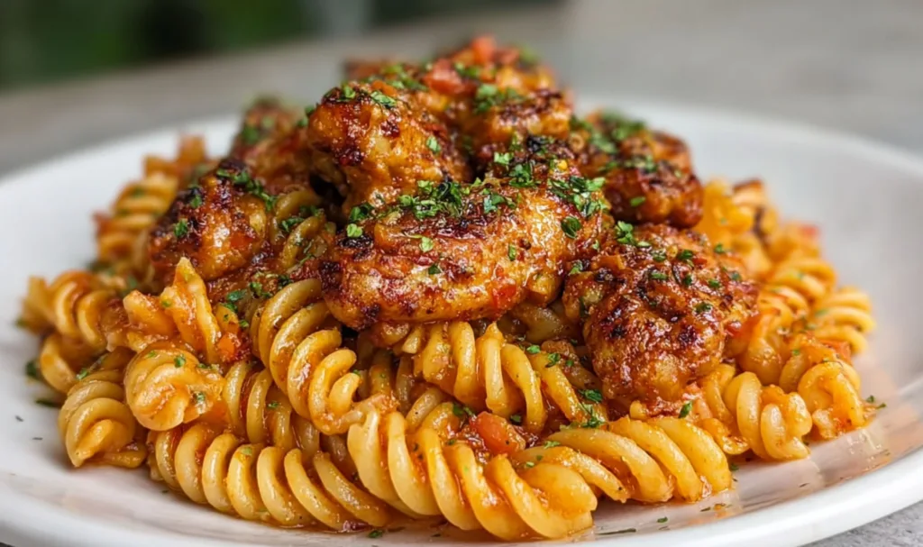 Honey pepper chicken pasta in a skillet with glossy sauce and fresh parsley