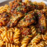 Honey pepper chicken pasta in a skillet with glossy sauce and fresh parsley