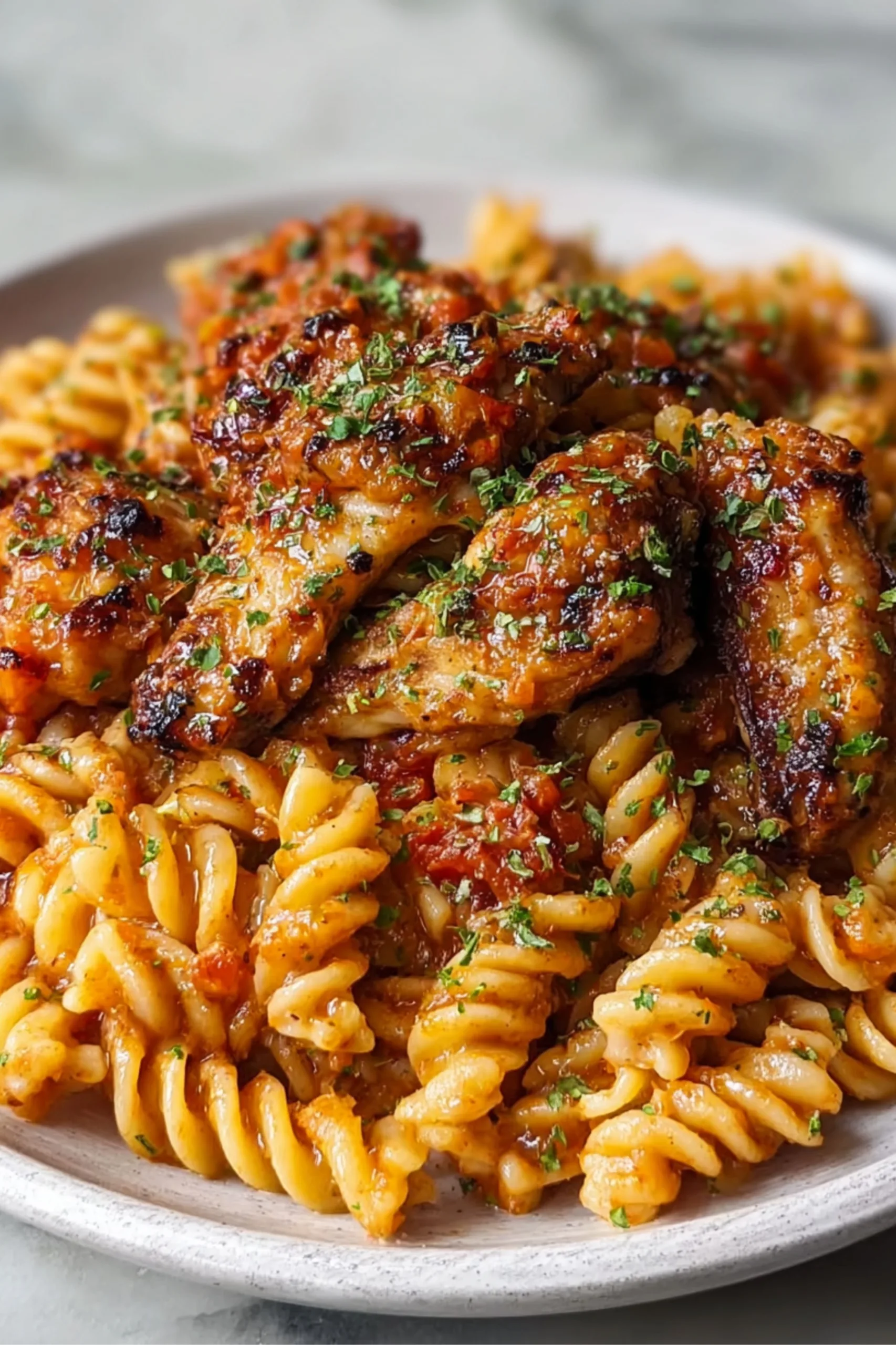 Honey pepper chicken pasta in a skillet with glossy sauce and fresh parsley
