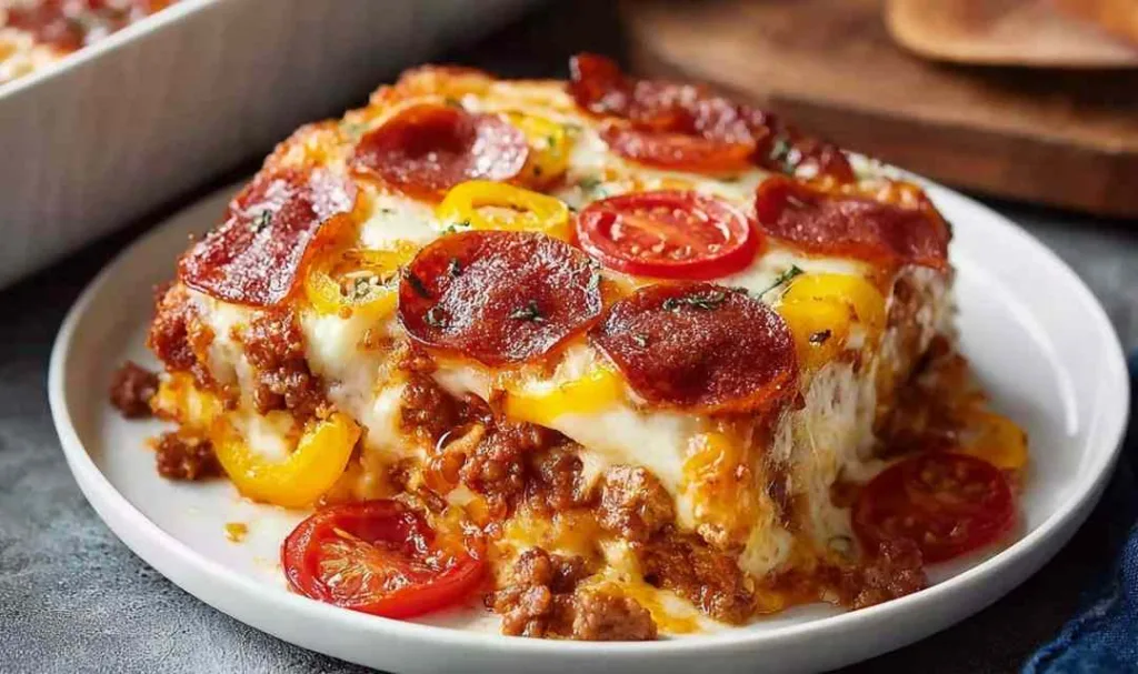 Low carb piz za casserole bubbling with mozzarella and pepperoni fresh from the oven