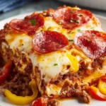 Low carb piz za casserole bubbling with mozzarella and pepperoni fresh from the oven