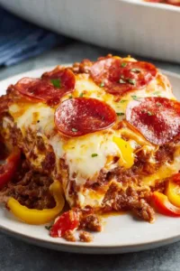 Low carb piz za casserole bubbling with mozzarella and pepperoni fresh from the oven