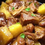 Slow cooker pineapple pork served over jasmine rice with green onion garnish