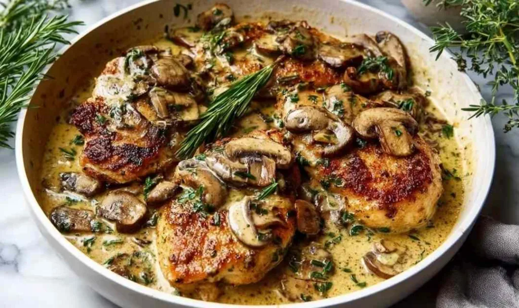 smothered chicken recipe in skillet with rich gravy and fresh herbs