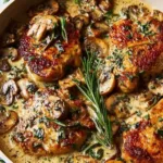 smothered chicken recipe in skillet with rich gravy and fresh herbs