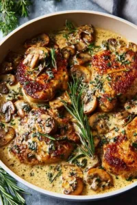 smothered chicken recipe in skillet with rich gravy and fresh herbs