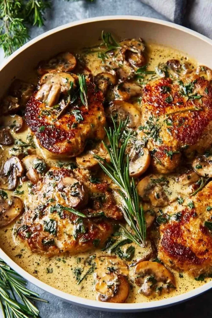 smothered chicken recipe in skillet with rich gravy and fresh herbs