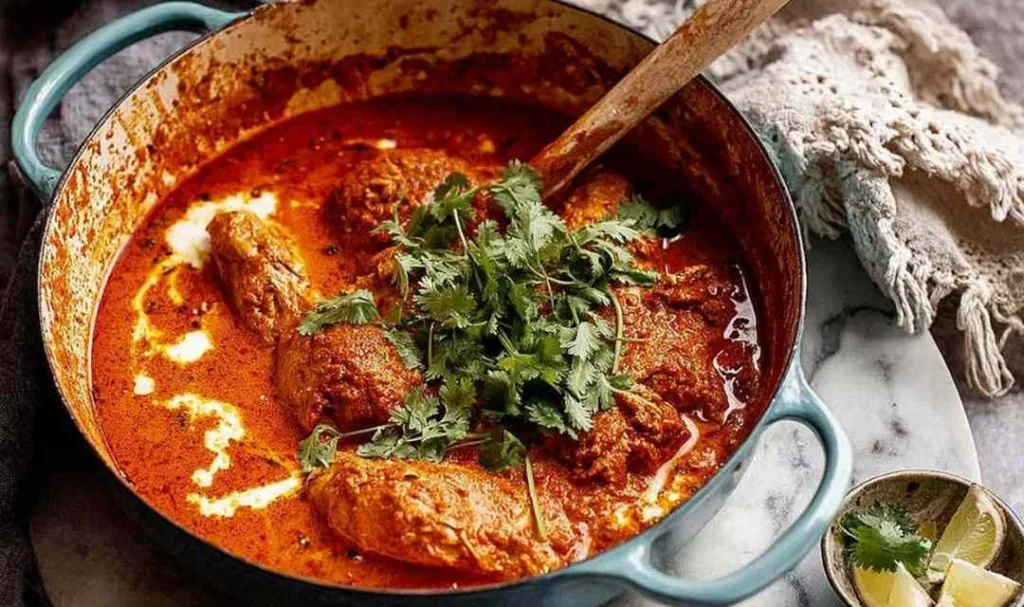 African Chicken Curry Kuku Paka served in a bowl with basmati rice and fresh cilantro