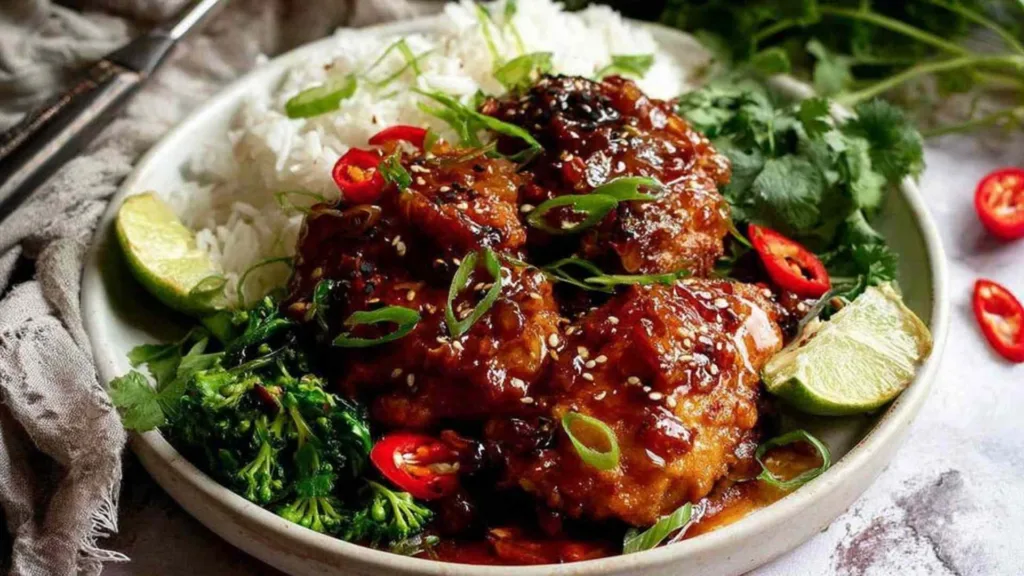 Asian chilli chicken glazed with sticky sriracha honey sauce served over steamed white rice