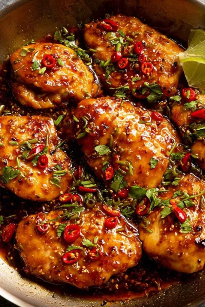 Asian chilli chicken glazed with sticky sriracha honey sauce served over steamed white rice