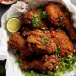 Ayam Goreng Malaysian Fried Chicken on a platter with crispy golden crust and cilantro garnish