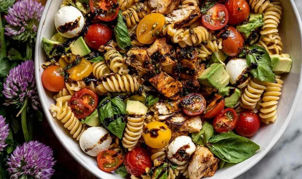 Caprese Chicken Pasta Salad with balsamic dressing in a large bowl