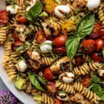 Caprese Chicken Pasta Salad with balsamic dressing in a large bowl