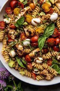 Caprese Chicken Pasta Salad with balsamic dressing in a large bowl