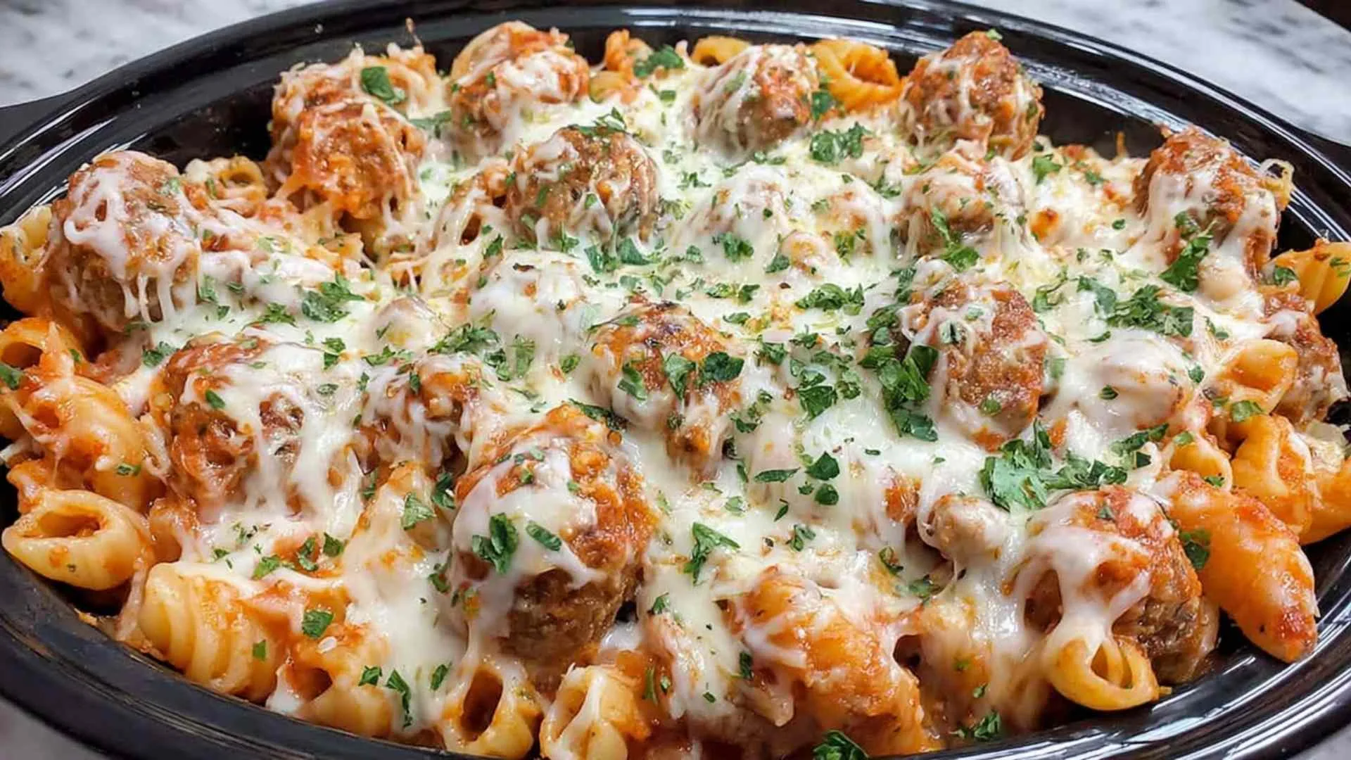 Cheesy Crockpot Meatball Pasta