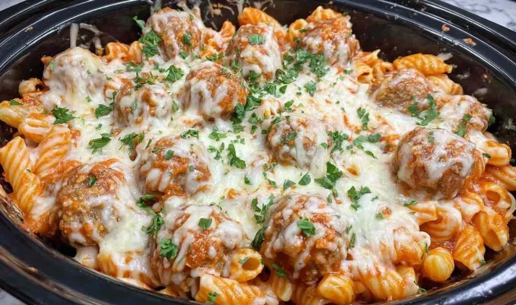 Cheesy Crockpot Meatball Pasta in a slow cooker