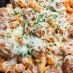 Cheesy Crockpot Meatball Pasta in a slow cooker