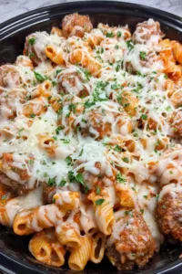 Cheesy Crockpot Meatball Pasta in a slow cooker