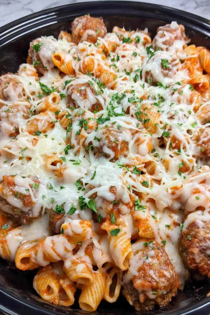 Cheesy Crockpot Meatball Pasta in a slow cooker